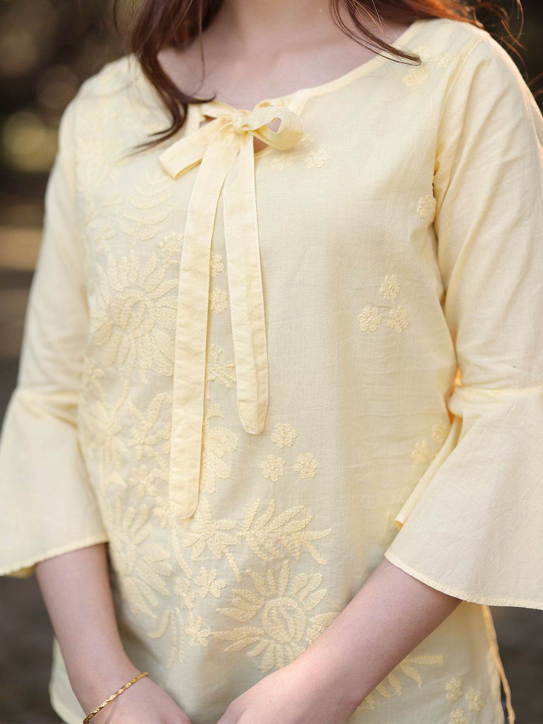 IQRA Chikankari Cotton Bell Sleeves Top - KRI CHIKANKARI